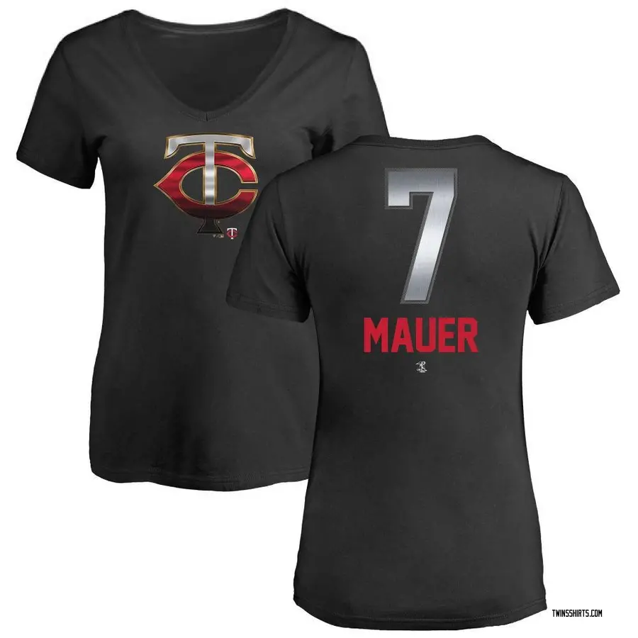 Women's Joe Mauer Minnesota Twins Midnight Mascot V-Neck T-Shirt - Black