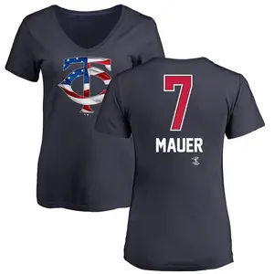 Women's Joe Mauer Minnesota Twins Name and Number Banner Wave V-Neck T-Shirt - Navy