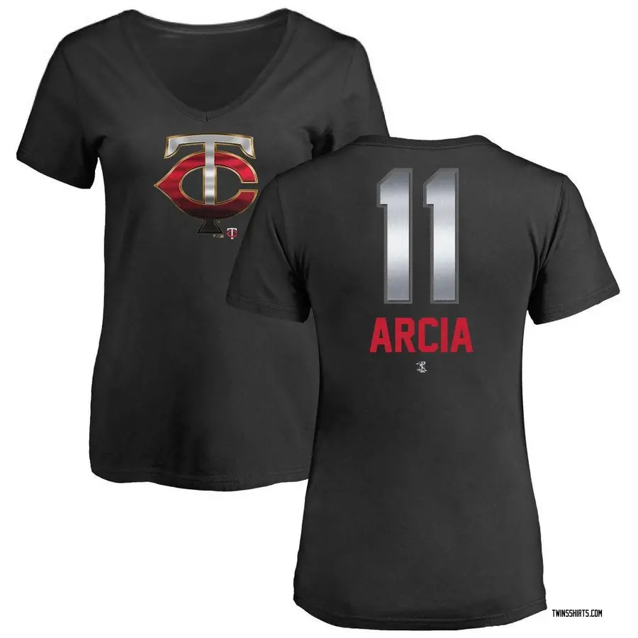 Women's Orlando Arcia Minnesota Twins Midnight Mascot V-Neck T-Shirt - Black