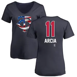 Women's Orlando Arcia Minnesota Twins Name and Number Banner Wave V-Neck T-Shirt - Navy