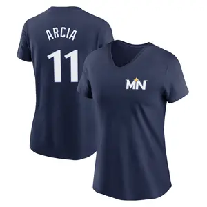 Women's Orlando Arcia Minnesota Twins Navy 2024 City Connect Fuse Name & Number V-Neck T-Shirt